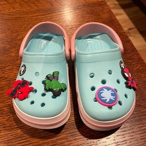 Kids Light Blue and Pink Crocs with Charms-size 9
